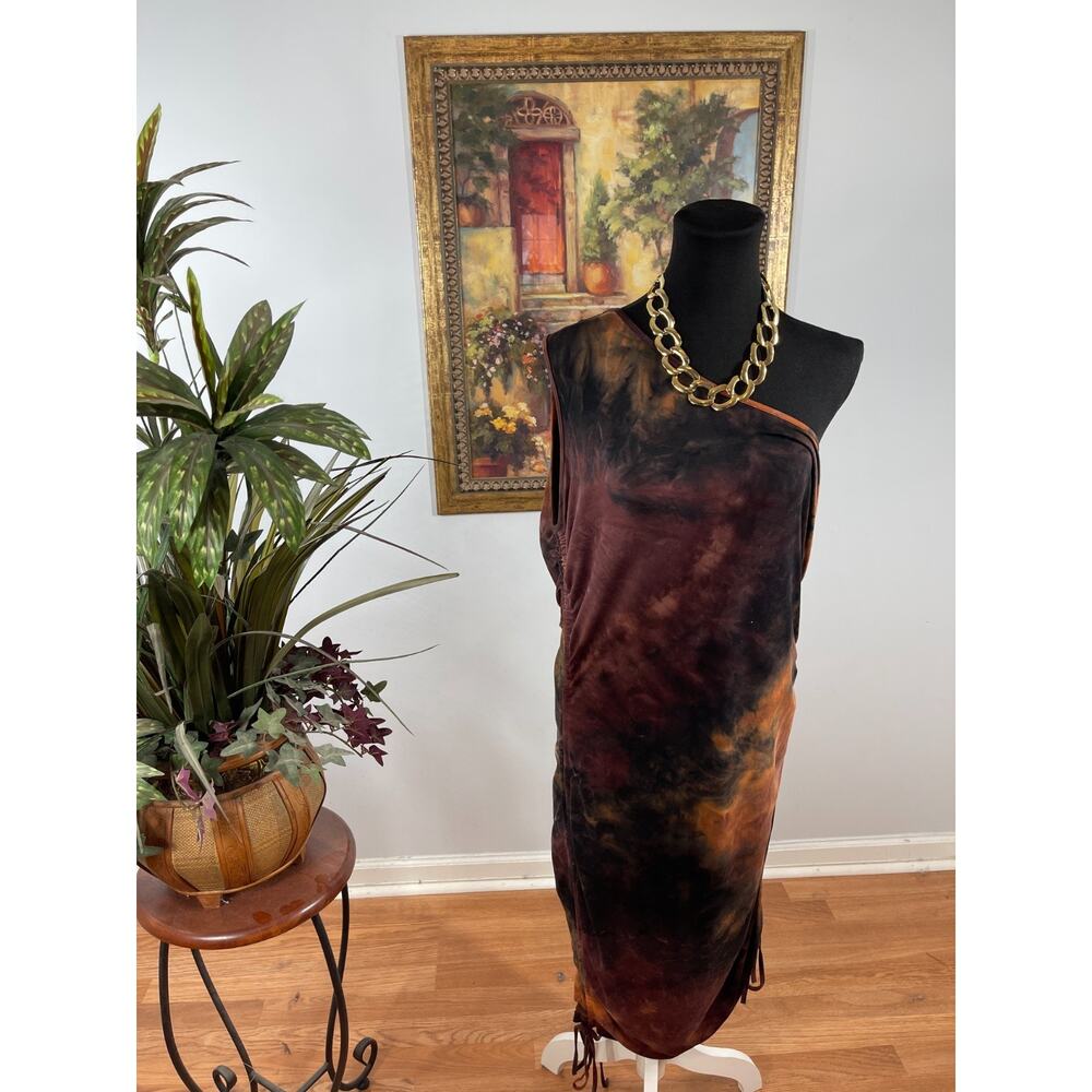 Shein One-Shoulder Dress 1XL Brown Earth Tone Tie-Dye Grunge Sleaze Boho Chic